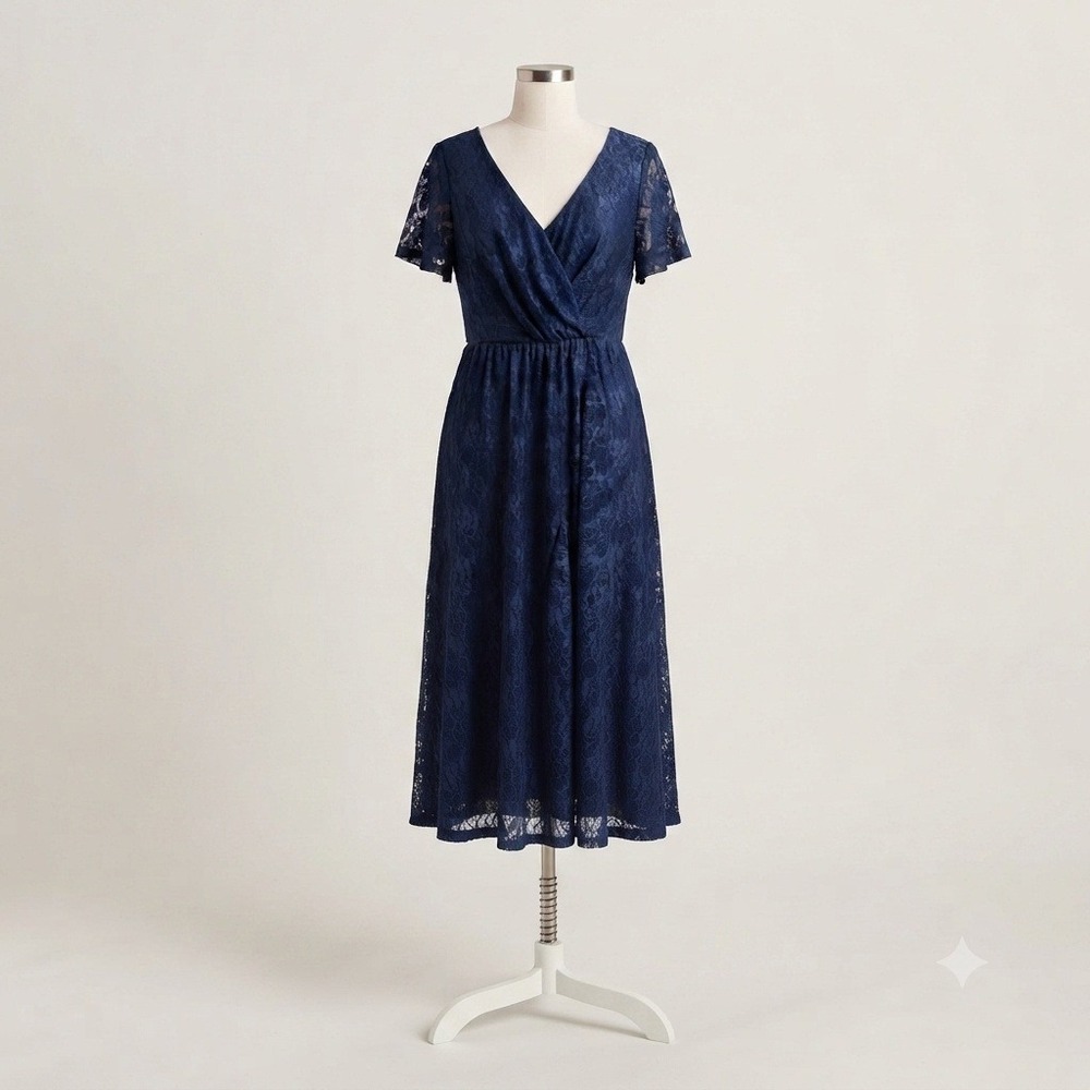 a.Jesdani Navy Blue Floral Lace Wrap V-Neck High-Low Maxi Dress Plus Size 1X NWT